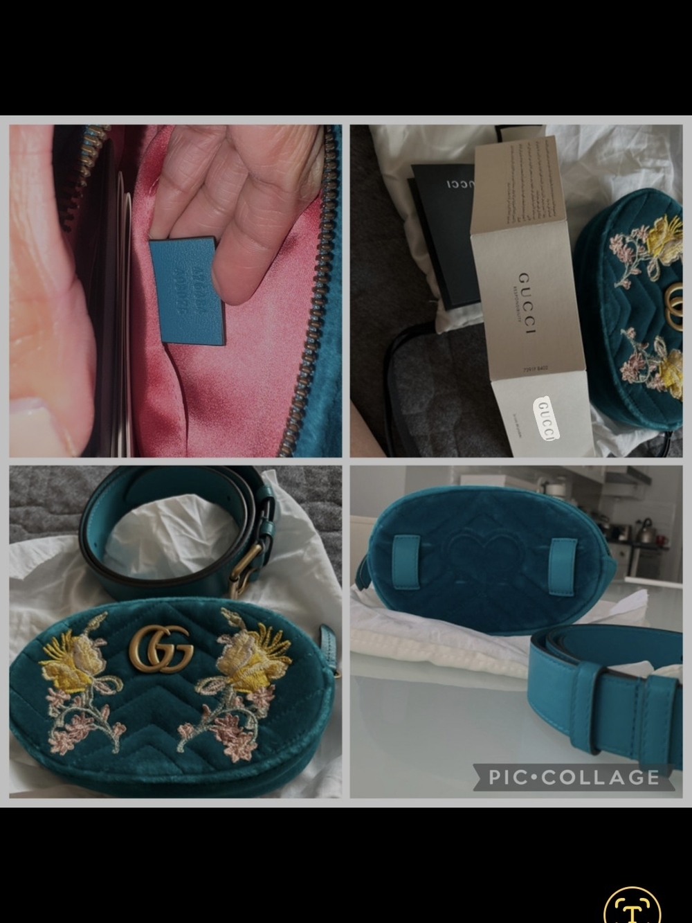 Gucci Teal Velvet Marmont Belt Bag with Gold Hardware and Floral Embroidery